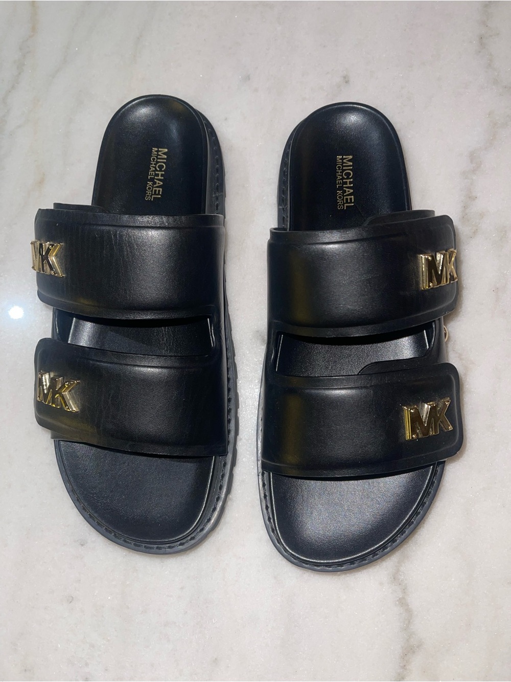 Michael Kors Black Leather Slide Sandals with Gold MK Logos
